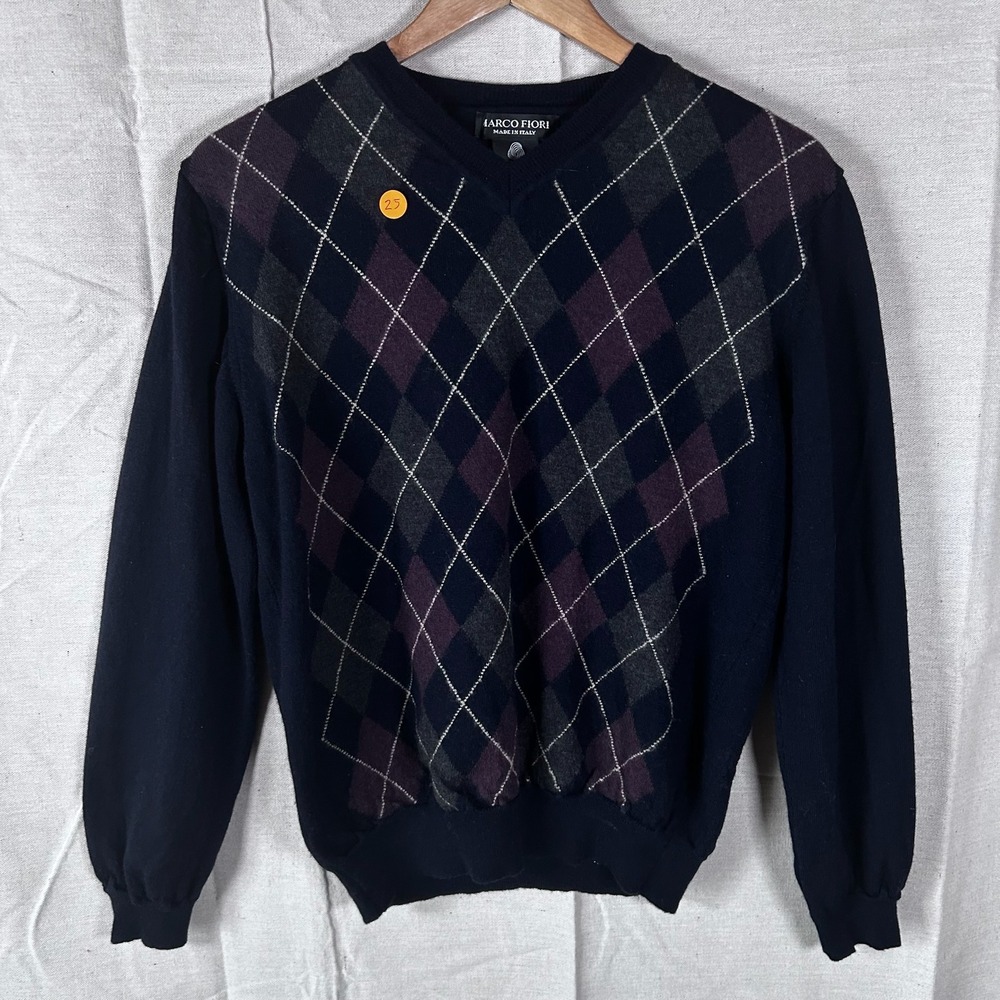 Marco Fiori Mens V-Neck Sweater M Navy Blue Argyle Extrafine Merino Wool Italy